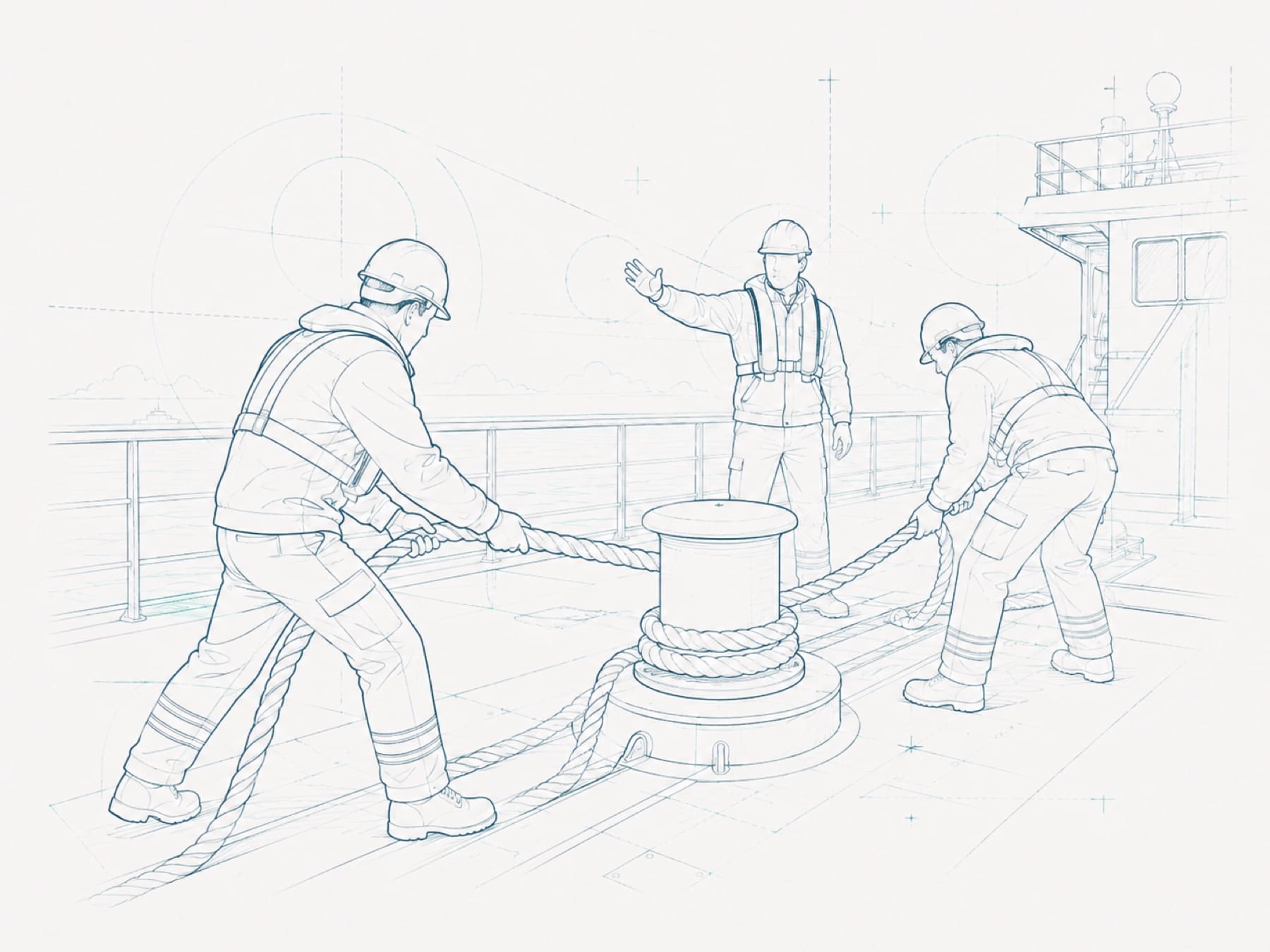 Crew working mooring lines on deck, technical line drawing