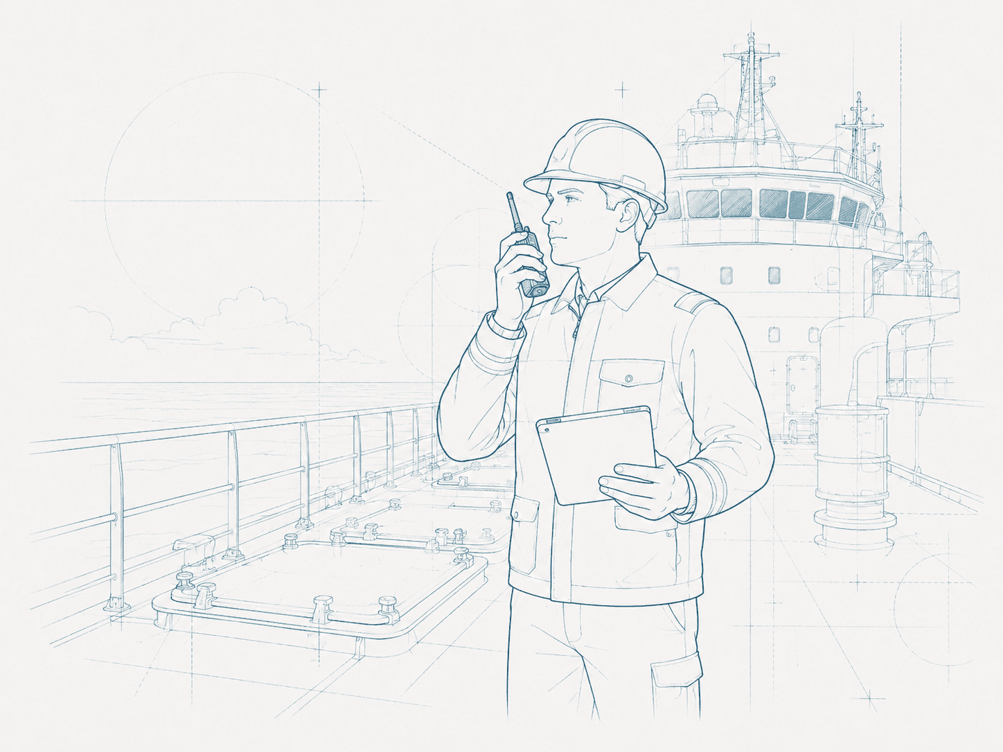 A deck officer on the radio with a tablet, technical line drawing