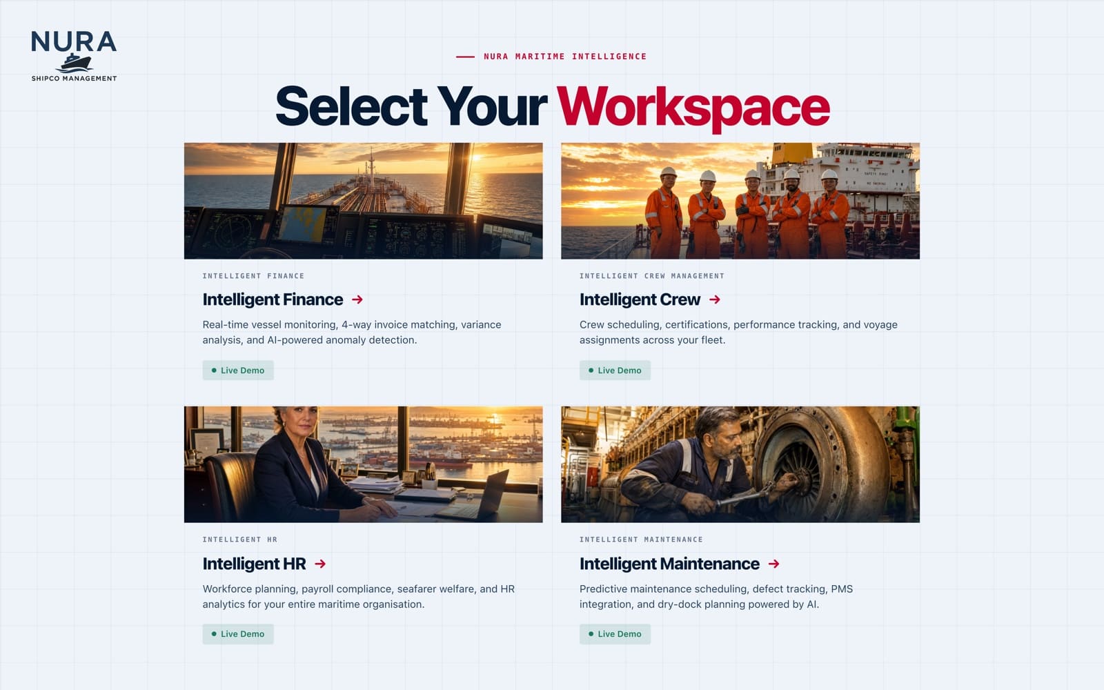NURA Maritime Intelligence platform, the workspace dashboard