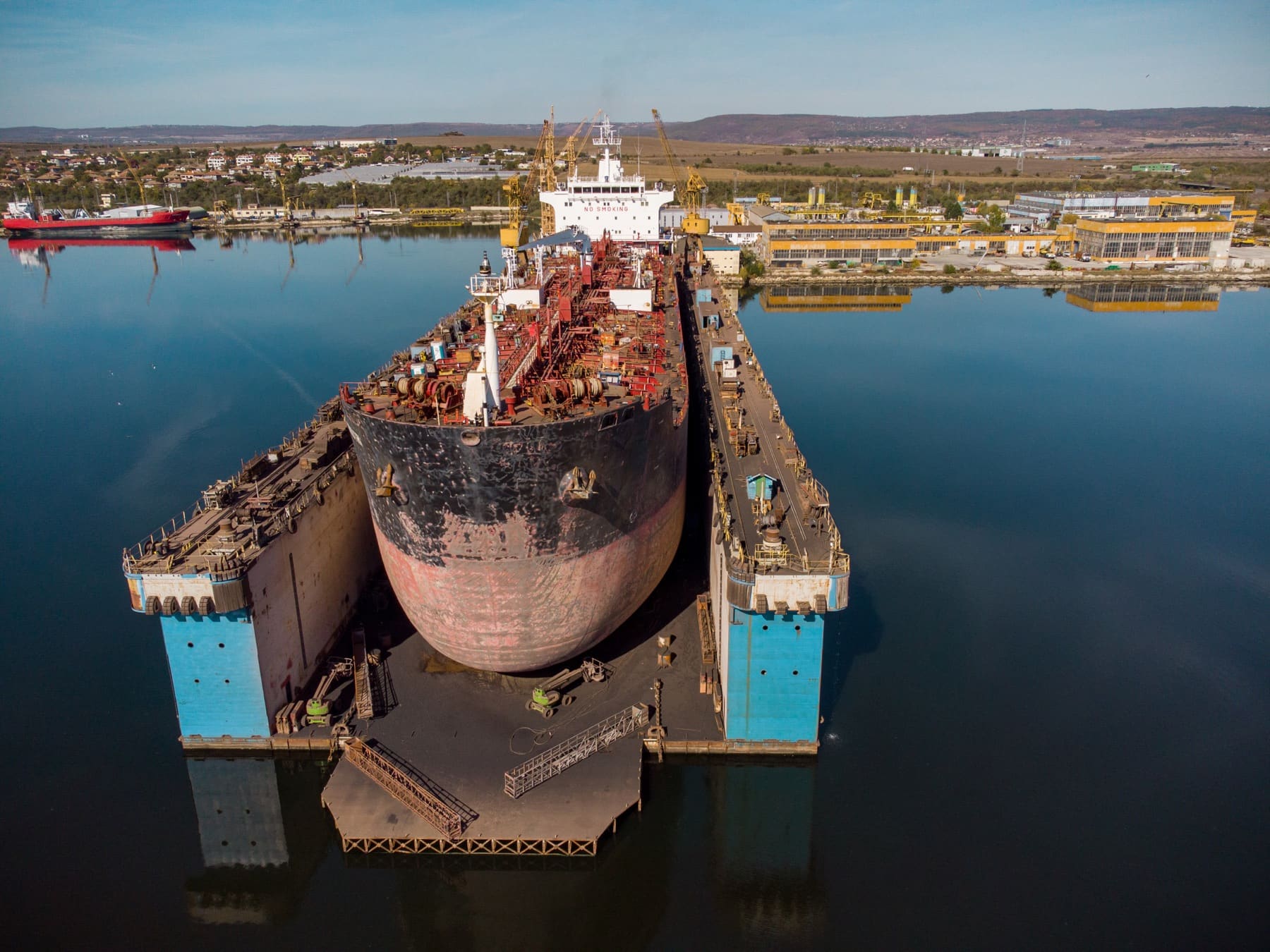 A tanker raised in a floating dry dock