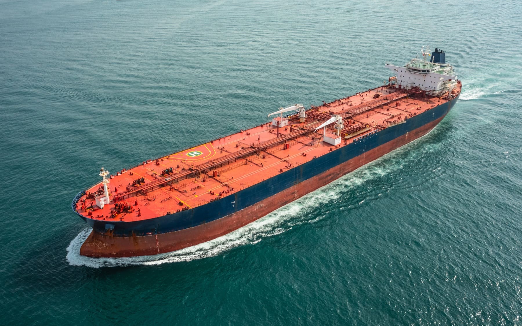 A loaded product tanker under way at sea, seen from the air
