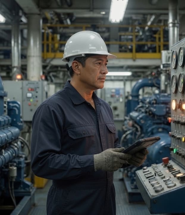 A senior engineer at the engine control console